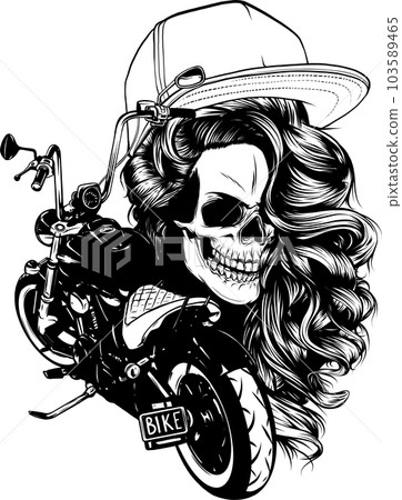 vector monochromatic illustration Motorcycle woman skull with 103589465