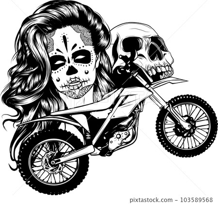 vector monochromatic illustration of Motorcycle with makeup woman and skull 103589568