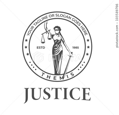 Vintage retro Goddess with sword of justice and weights in her hands. Stamp vector emblem Vintage retro Goddess with sword of justice and weights in her hands. Stamp vector emblem 103589766