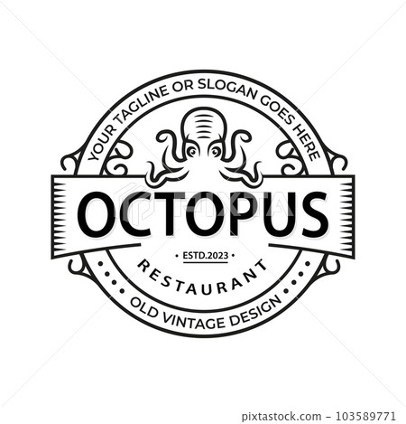 Template for logo, label and emblem with white octopus silhouette. Vector illustration Seafood Restaurant logo, poster template. Vintage emblem template for Seafood Restaurant, Fish Shop. Template for logo, label and emblem with white octopus silhouette. Vector illustration Seafood Restaurant logo, poster template. Vintage emblem template for Seafood Restaurant, Fish Shop. 103589771