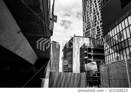 Tokyo redevelopment construction around the east exit seen from the west exit of Shibuya station 2023.05 b-5 monochrome 103589825