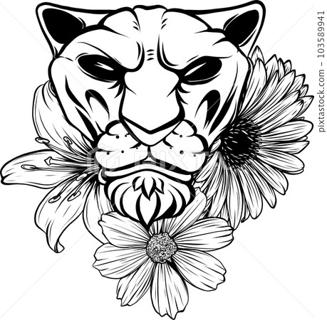 vector illustration of monochrome lion with flower on white background vector illustration of monochrome lion with flower on white background 103589941