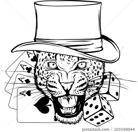 Monochrome Leopard face with Cylinder hat and dice poker aces Monochrome Leopard face with Cylinder hat and dice poker aces 103589944