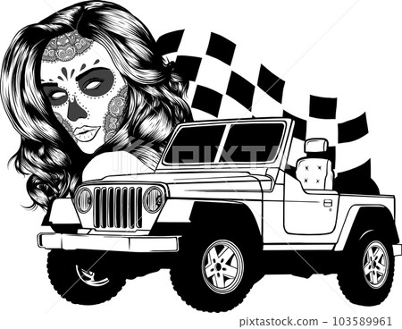 vector illustration of monochrome off road car with woman skull and race flag 103589961