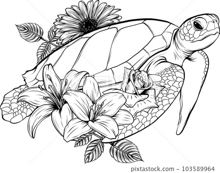 vector illustration of monochrome sea turtle with flower on white background 103589964