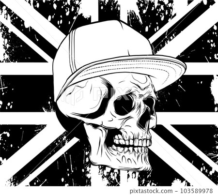 vector illustration of silhouette Angry skull with hat on uk flag vector illustration of silhouette Angry skull with hat on uk flag 103589978