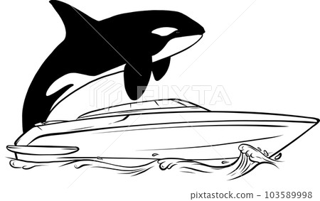 vector illustration of orca with boat on water vector illustration of orca with boat on water 103589998