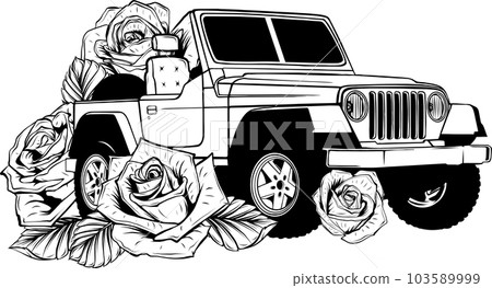 vector illustration of Monochrome off road car with roses vector illustration of Monochrome off road car with roses 103589999
