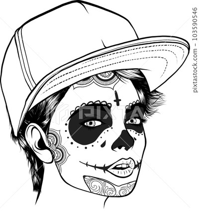 monochrome head girl with makeup skull and hat monochrome head girl with makeup skull and hat 103590546