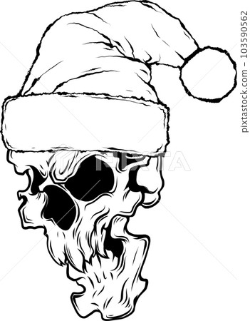 monochrome outline drawing of a horror santa claus skull with hat pompom. 103590562