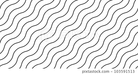 Wavy lines seamless pattern. Undulate stripes repeating background. Black and white diagonal waves texture. Bent and curved linear wallpaper. Textile and fabric swatch design template. Vector 103591513