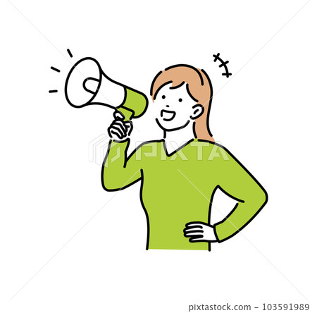 A young Japanese woman (plain clothes) illustration (upper body) voicing using a megaphone 103591989