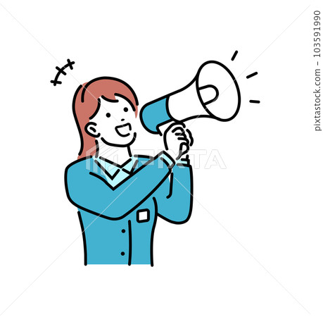 Illustration of a young Japanese female office worker who speaks out using a megaphone (upper body) 103591990