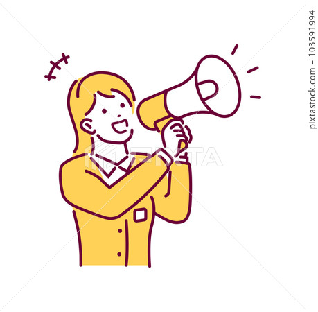 一位年輕的日本女上班族用擴音器大聲說出來的插圖（上半身） 103591994