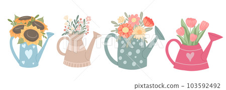 Vector set of various watering cans with bouquets of flowers. Summer set with gardening tools and floral arrangement. Cartoon elements 103592492