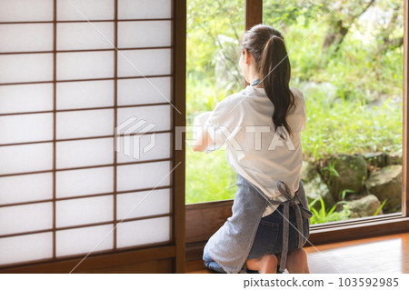 Women cleaning windows 103592985