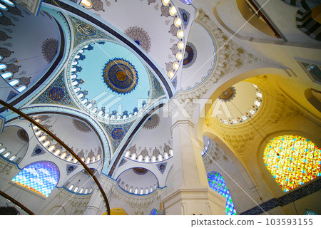 Istanbul, Turkey - 2 March 2023: Inside interior and dome of Camlica Mosque. Istanbul, Turkey - 2 March 2023: Inside interior and dome of Camlica Mosque. 103593155
