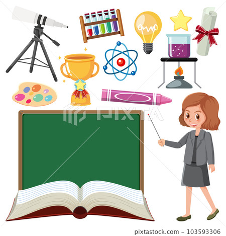 Set of teaching equipment tools and teacher cartoon character Set of teaching equipment tools and teacher cartoon character 103593306