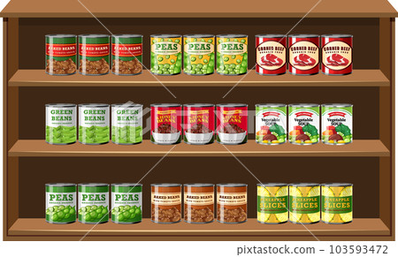 Canned food on wooden shelf isolated 103593472