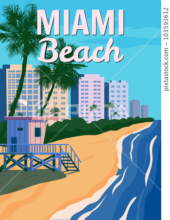 Miami Beach, City Skyline, Retro Poster. Lifeguard house, coast, surf, ocean. Vector illustration vintage 103593612