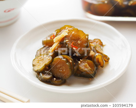 Cucumbers pickled in soy sauce on a table 103594179