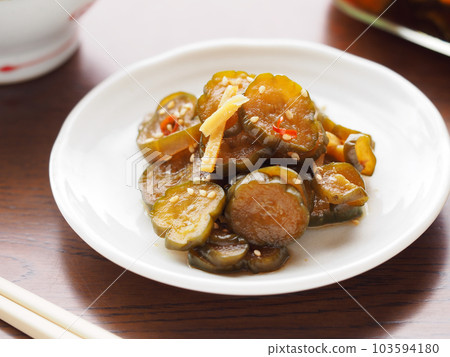 Cucumbers pickled in soy sauce on a table 103594180