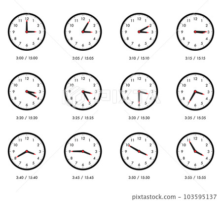 Simple clock set every 5 minutes 3:00 15:00 - Stock Illustration 