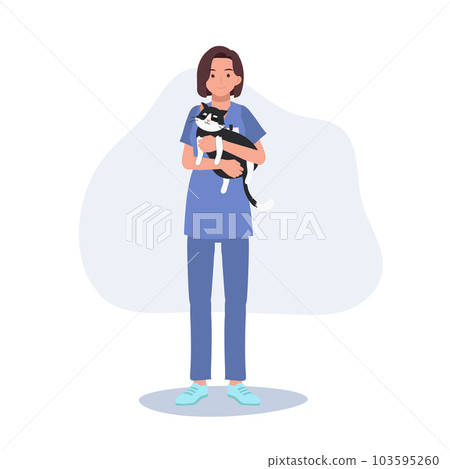 Full length of female Veterinarian Hugging cat. Profession veterinarian. Woman vet holds a cat. Flat vector cartoon illustration Full length of female Veterinarian Hugging cat. Profession veterinarian. Woman vet holds a cat. Flat vector cartoon illustration 103595260