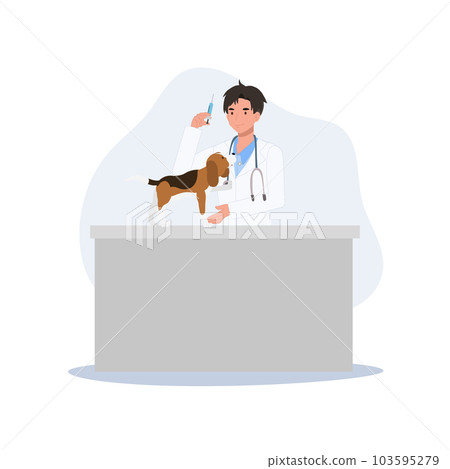 Professional veterinarian with pets. Veterinarian with syringe. male veterinarian going to give vaccine to dog. Flat vector cartoon illustration 103595279