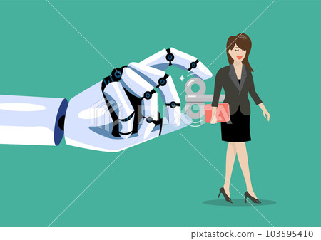 Robot hand turns on business woman with wind-up key in her back Robot hand turns on business woman with wind-up key in her back 103595410