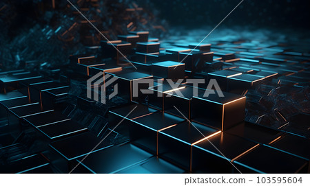 Black cubes with neon glow light, creativity, database, digital, internet, blockchain, innovation concept, hi-tech abstract backgroud. Generative AI 103595604