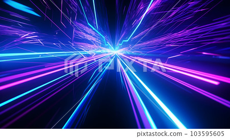 Blue pink and purple neon glow laser beam light lines moving fast,digital, high speed internet, cyberpunk, techonogy backdrop. futuristic abstract background. Generative AI 103595605
