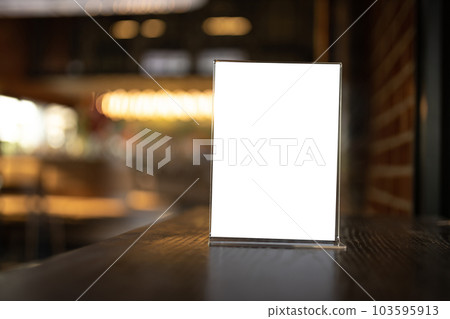 Stand display mockup Menu frame tent card blurred background design key visual layout in cafe space for text promotion to business advertising 103595913