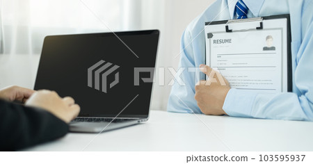 HR Manager talks to job applicants for job interviews about careers and Her personal history in the company. Employment and Recruitment concepts 103595937