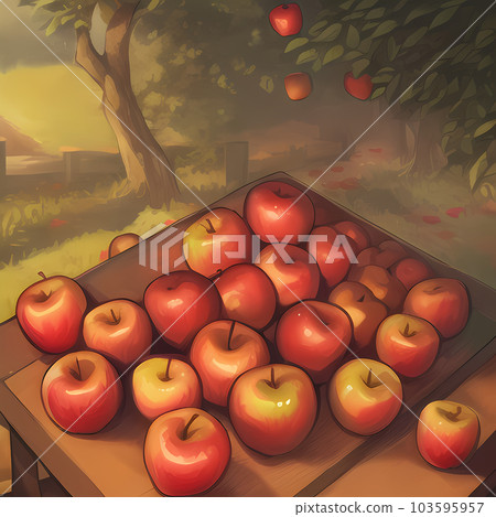 A view of many apples on a brown table outside A view of many apples on a brown table outside 103595957