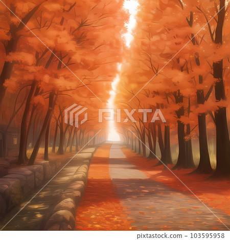 Scenery of the place where the autumn leaves trees are lined up straight along the road Scenery of the place where the autumn leaves trees are lined up straight along the road 103595958