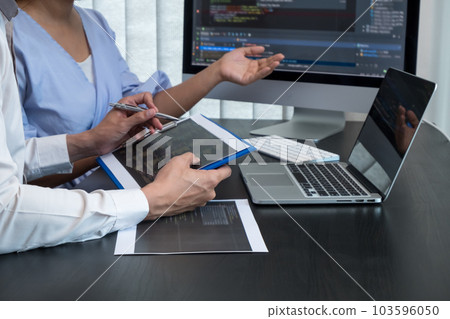 Team of programmers working with computer programming, professional development, and coding technology, working on high-quality visual software development websites 103596050