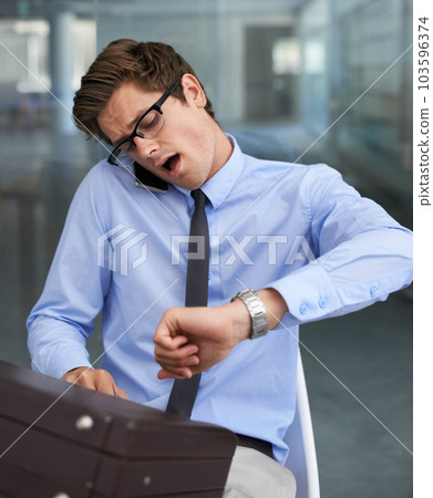 Phone call, watch and business man check time for corporate schedule, appointment or company agenda. Smartphone conversation, talking and office person, agent or late lawyer looking at wrist clock 103596374