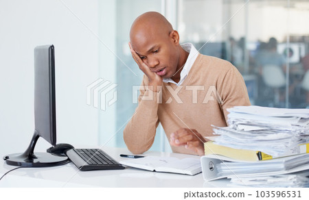 Business stress, pile of paperwork and black man overworked, exhausted and tired in office. Burnout, stack of documents and male worker with depression, fatigue and overwhelmed in workplace. 103596531