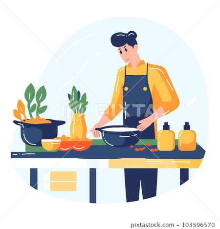 Hand Drawn chef cooking in the kitchen flat style illustration for business ideas 103596570
