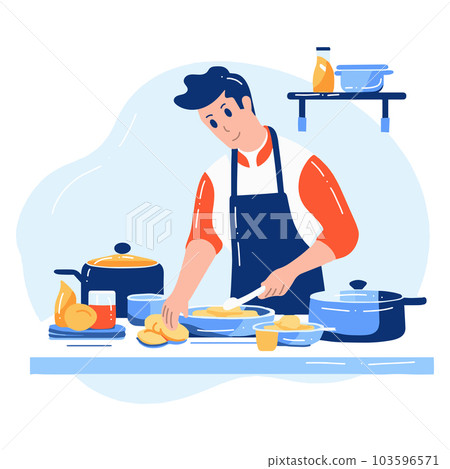 Hand Drawn chef cooking in the kitchen flat style illustration for business ideas Hand Drawn chef cooking in the kitchen flat style illustration for business ideas 103596571