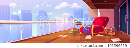 Open city terrace apartment interior with armchair Open city terrace apartment interior with armchair 103596639