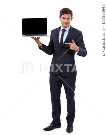 Put your advertisement on my screen. A handsome young businessman displaying a laptop against white background. Put your advertisement on my screen. A handsome young businessman displaying a laptop against white background. 103596648