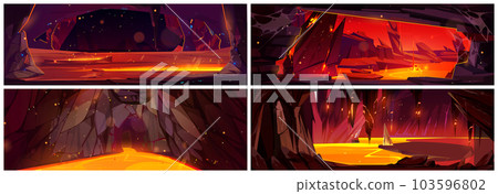 Volcano lava hell rock cave view fantasy game set 103596802