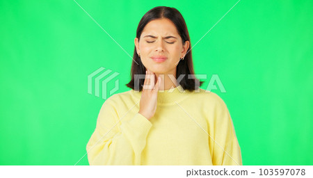 Green screen, woman and pain in throat, flu infection and suffering from cold virus in studio. Sick female model, allergies and massage neck for health risk, covid and itchy voice of thyroid problem 103597078