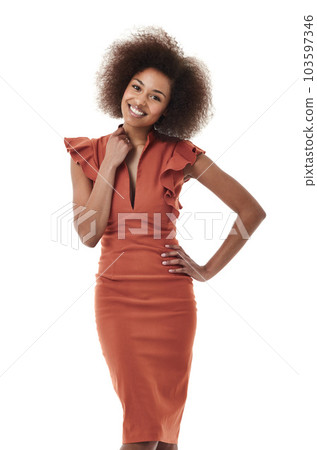 Fashion, happy and smile with portrait of black woman in studio for elegant, trendy and classy. Confident, pride and happiness with female model isolated on white background for natural style Fashion, happy and smile with portrait of black woman in studio for elegant, trendy and classy. Confident, pride and happiness with female model isolated on white background for natural style 103597346