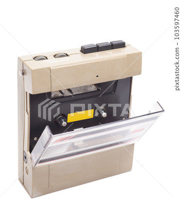 Retro portable stereo cassette player from 80s. tape English translation 103597460