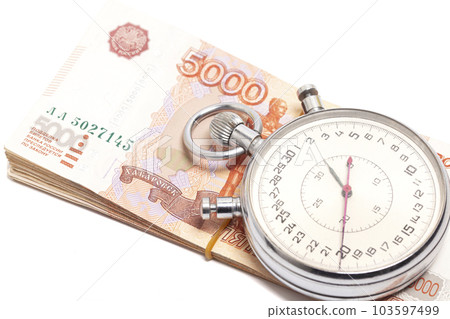 Time is money concept, Stopwatch on Russian ruble banknotes 103597499