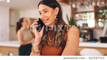 Business, phone call and woman talking, planning and dedication in workplace, schedule and deadline. Female employee, manager and consultants with smartphone, connection and communication in office 103597533