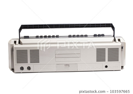 Retro portable stereo cassette recorder from 80s.rear view 103597665